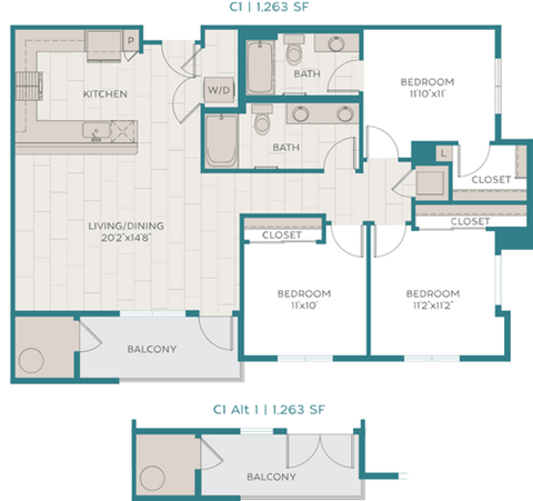 Floor plan for 3 beds, 2 baths, 1263 sqft